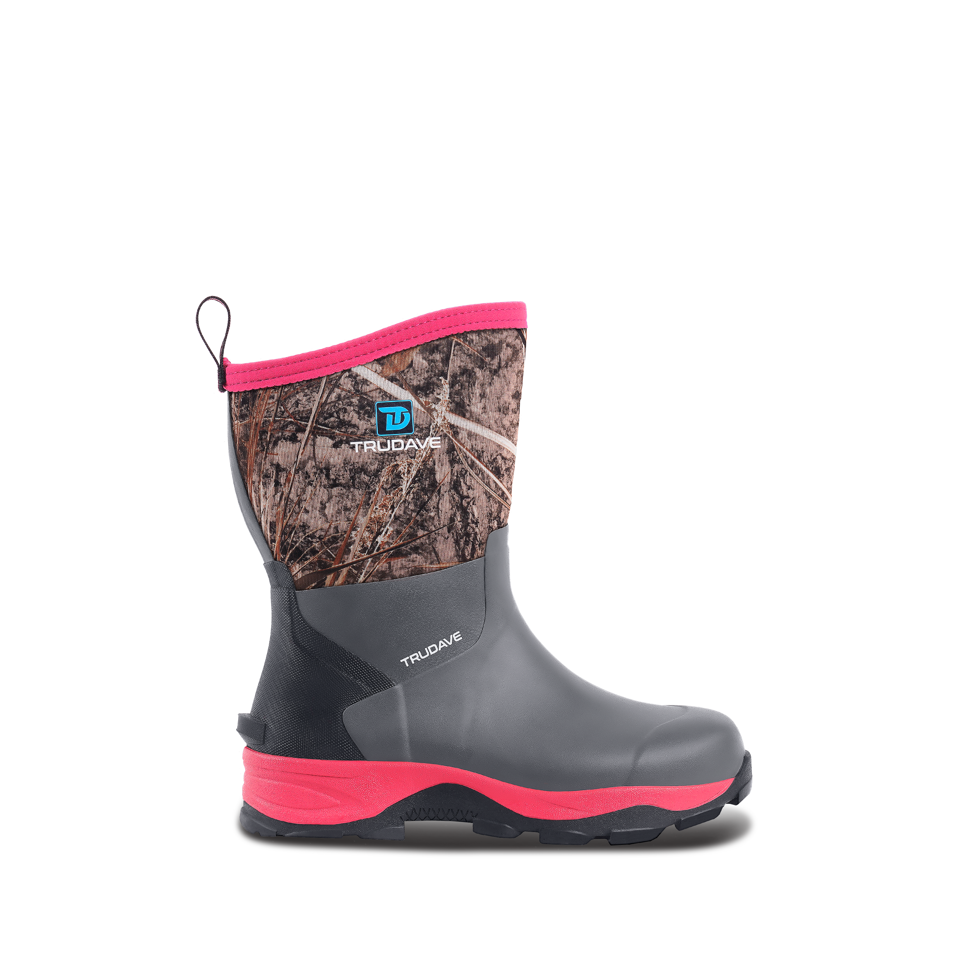 Side view of Trudave MudGuard Series women’s mid-calf waterproof garden boots – pink camo design showing durable rubber shell and slip-resistant sole for gardening, rain, and outdoor chores